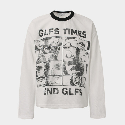 Letter Print Sweatshirt | Waffle Knit Long Sleeve Top - Luxuryurbanwear