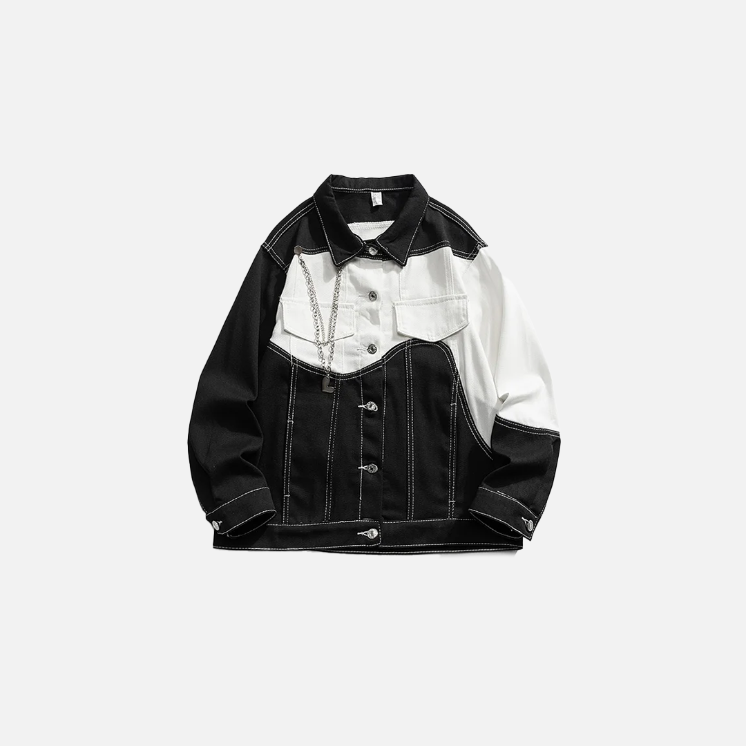 Black And White Color Blocking Denim Jacket - Luxuryurbanwear