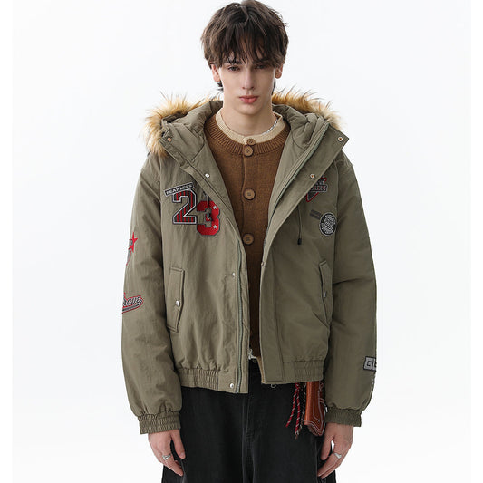 Patch Embroidered | Fur Hooded Jacket - Luxuryurbanwear