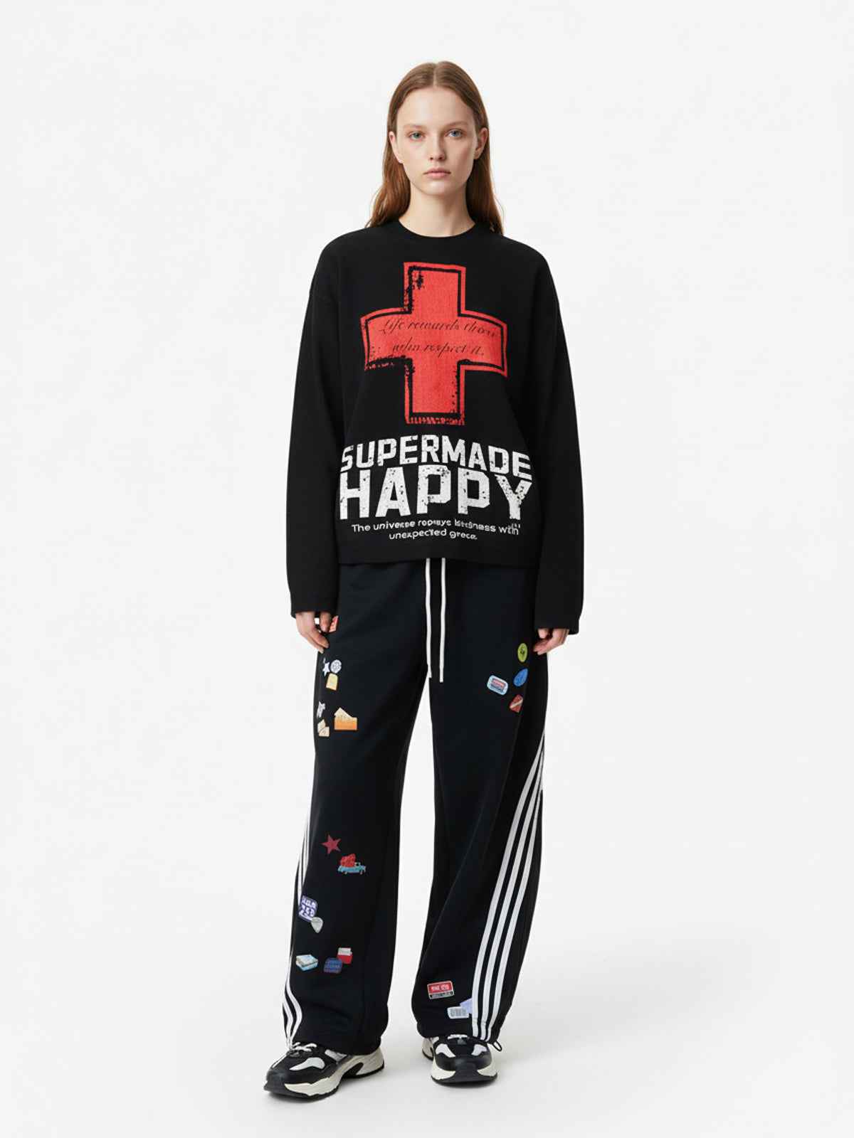 Street Cross Lettering Print Long-Sleeved T-Shirt