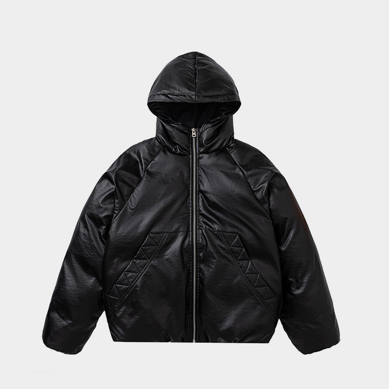 Leather Hooded | Zip-Up Puffer Jacket - Luxuryurbanwear