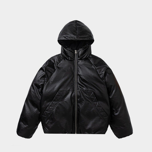 Leather Hooded | Zip-Up Puffer Jacket - Luxuryurbanwear
