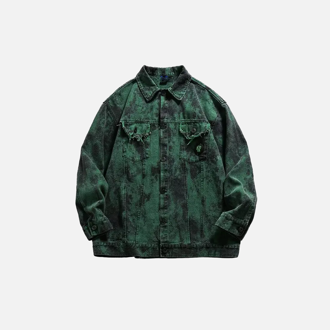 Durable Green Ripped Tie Dye Denim Jacket - Luxuryurbanwear