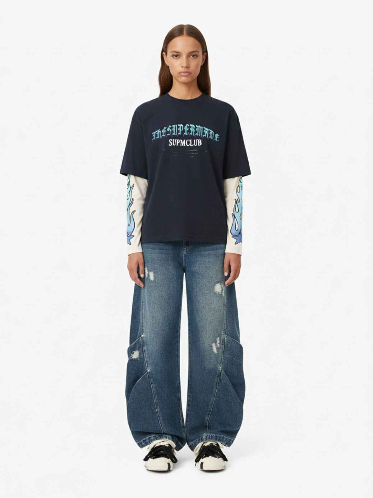 Gradient Letter Print Patchwork Faux Two-Piece Long-Sleeved T-Shirt