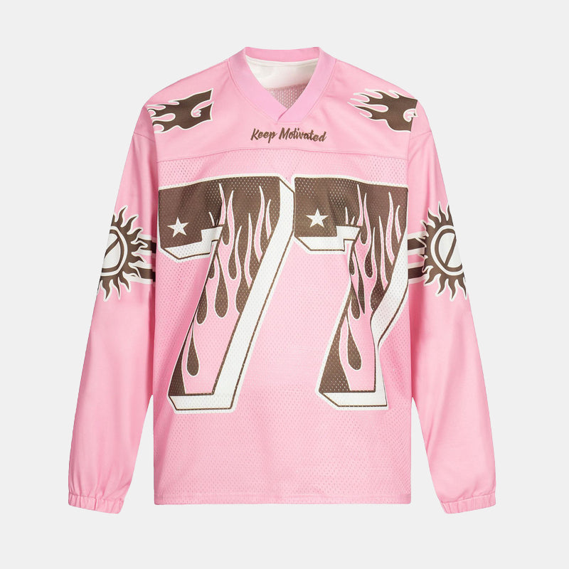 Retro Graphic Flame Number Print | Long-Sleeve Jersey T-Shirt - Luxuryurbanwear