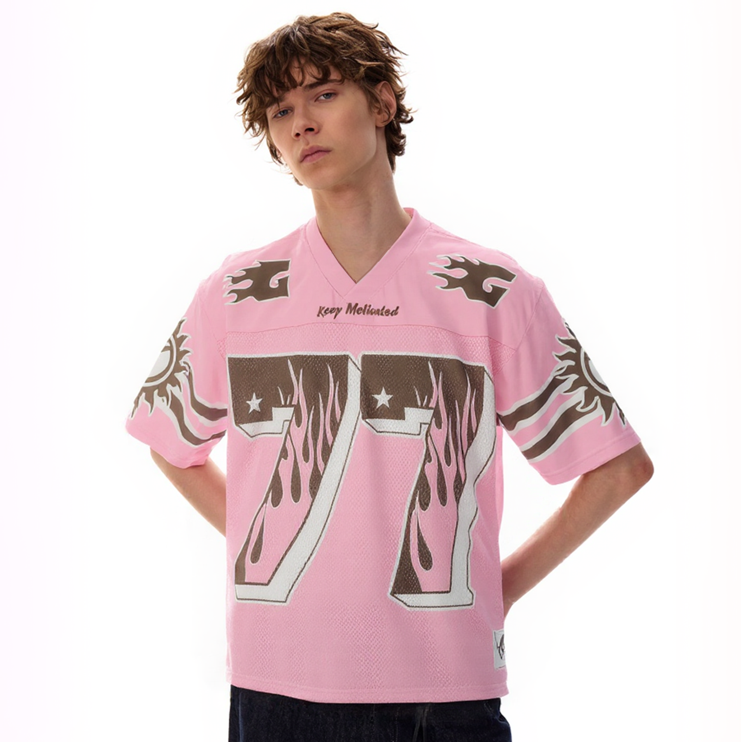 77 Flame Print Pink Mesh Jersey - Y2K Cyber Aesthetic Soccer Kit | LuxuryUrbanwear - Luxuryurbanwear