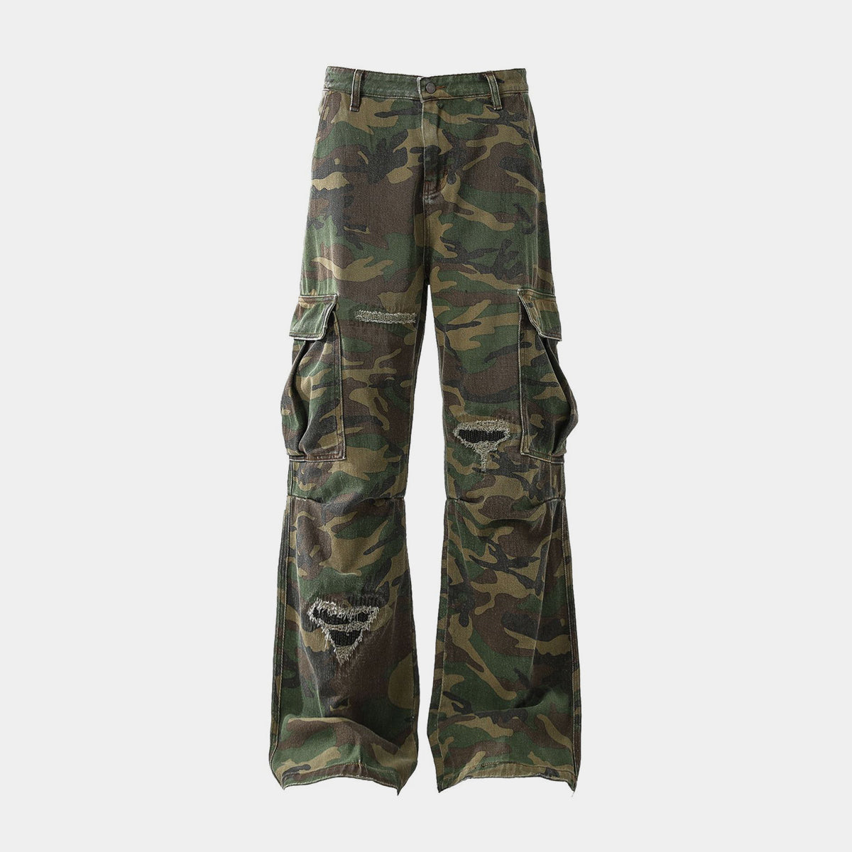 Ripped Camouflage Flared Cargos - Distressed Tactical Wide-Leg Pants | LuxuryUrbanwear - Luxuryurbanwear