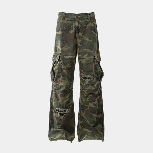 Ripped Camouflage Flared Cargos - Distressed Tactical Wide-Leg Pants | LuxuryUrbanwear - Luxuryurbanwear