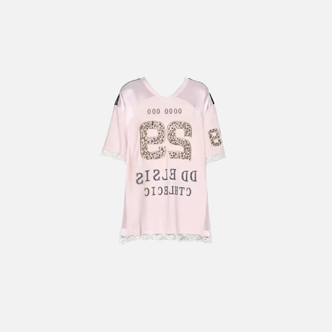 Embroidered Pink Chic Letter Print T-Shirt - Luxuryurbanwear