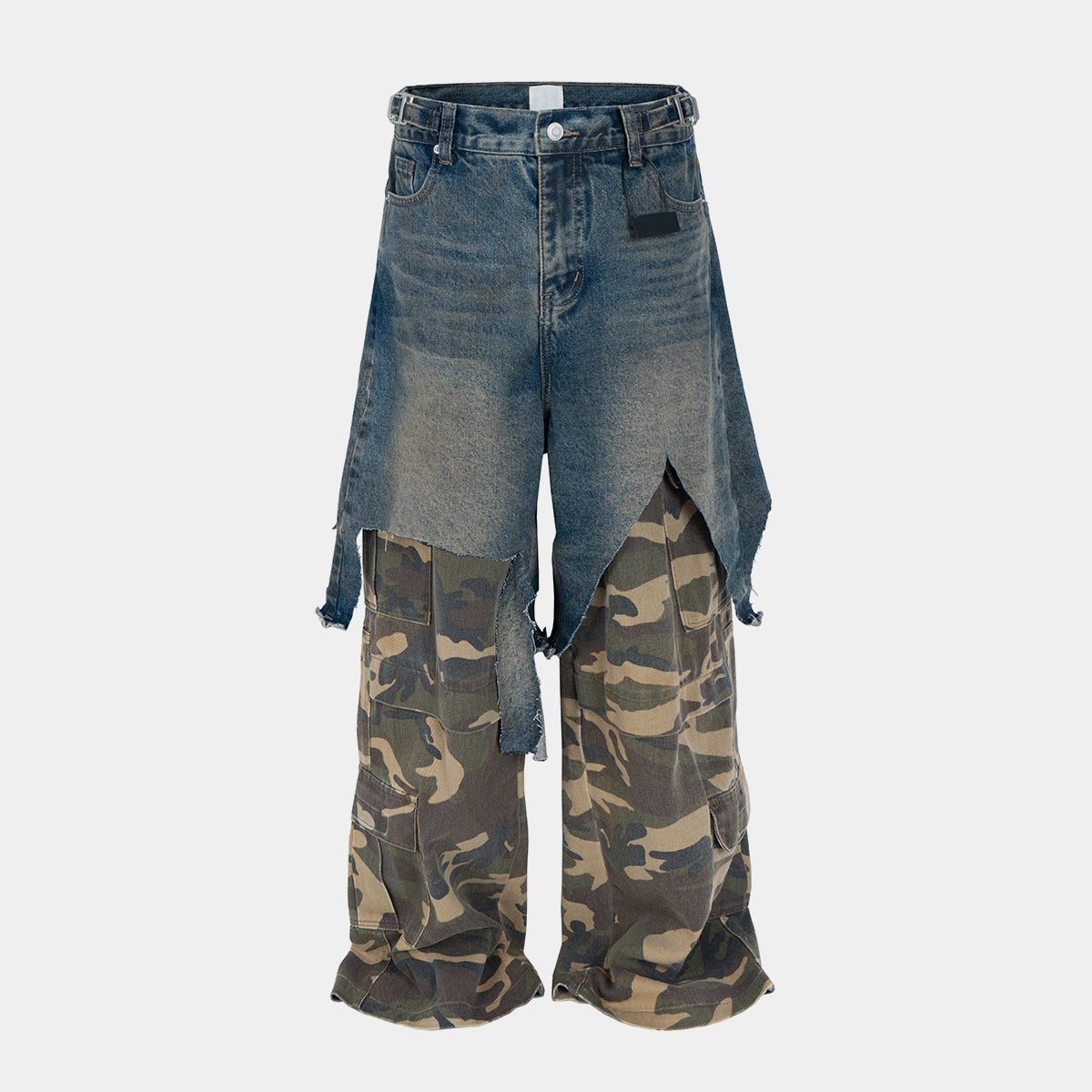 Deconstructed Denim Camo Layered Jeans - Avant-Garde Streetwear | LuxuryUrbanwear - Luxuryurbanwear