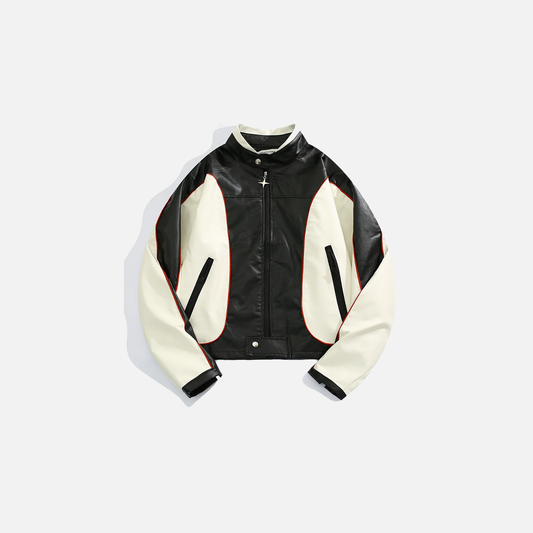 Stylish Contrast Color Spliced Motorcycle Leather Jacket - Luxuryurbanwear
