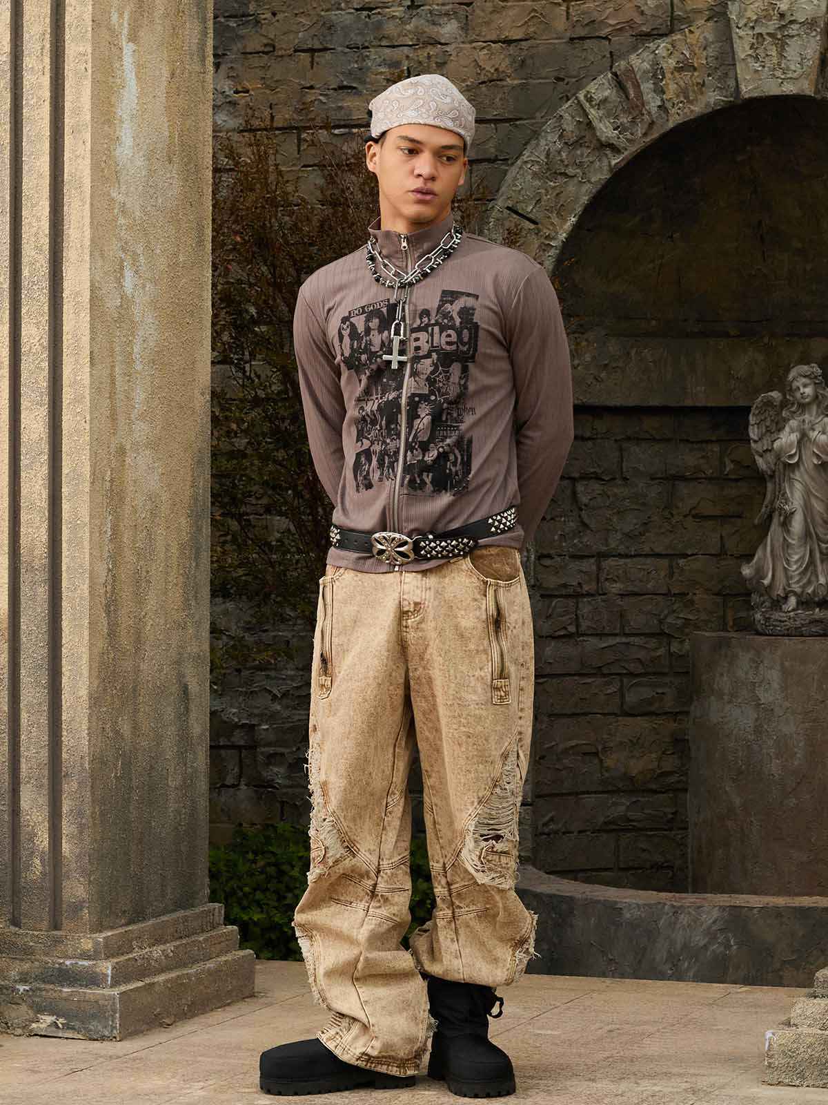Distressed Raw-Edge Panel Sculpted Wide-Leg Jeans
