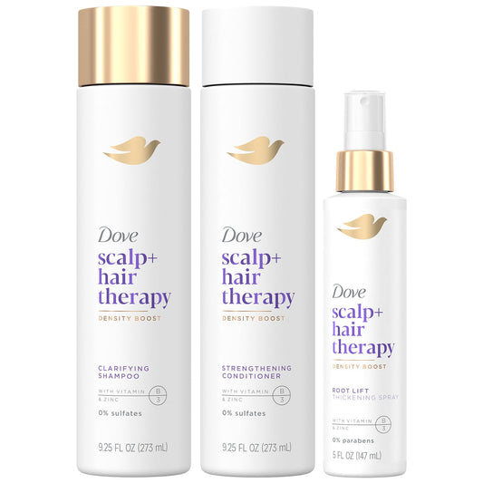 Dove Scalp + Hair Therapy Bundle – Density Boost Clarifying Shampoo and Strengthening Conditioner + Root Lift Thickening Spray with Vitamins B3 & E Zinc & Peptides (3 Piece Set)