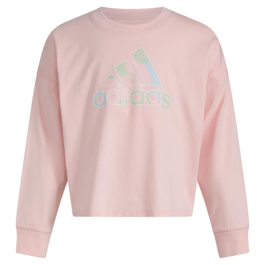 adidas Girls Little Long Sleeve Waist Crew Tee T-Shirt Pink with Multicolor