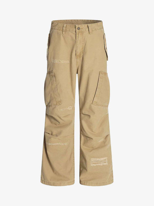 Cotton Hole Patch Pleated Multi-Pocket Cargo Casual Pants