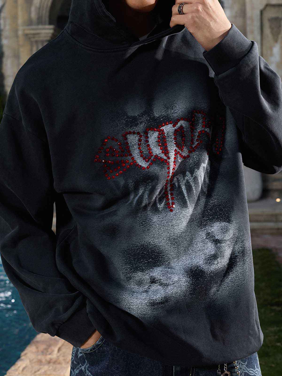 Rhinestone Letter Airbrush Graphic Pullover Hoodie