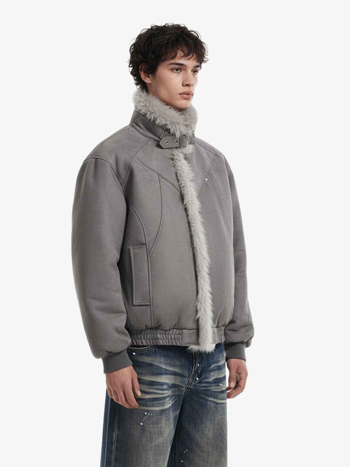 Vintage Faux Fur Trimmed Suede Padded Bomber Jacket