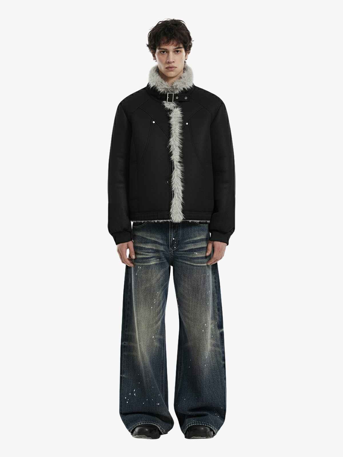 Vintage Faux Fur Trimmed Suede Padded Bomber Jacket