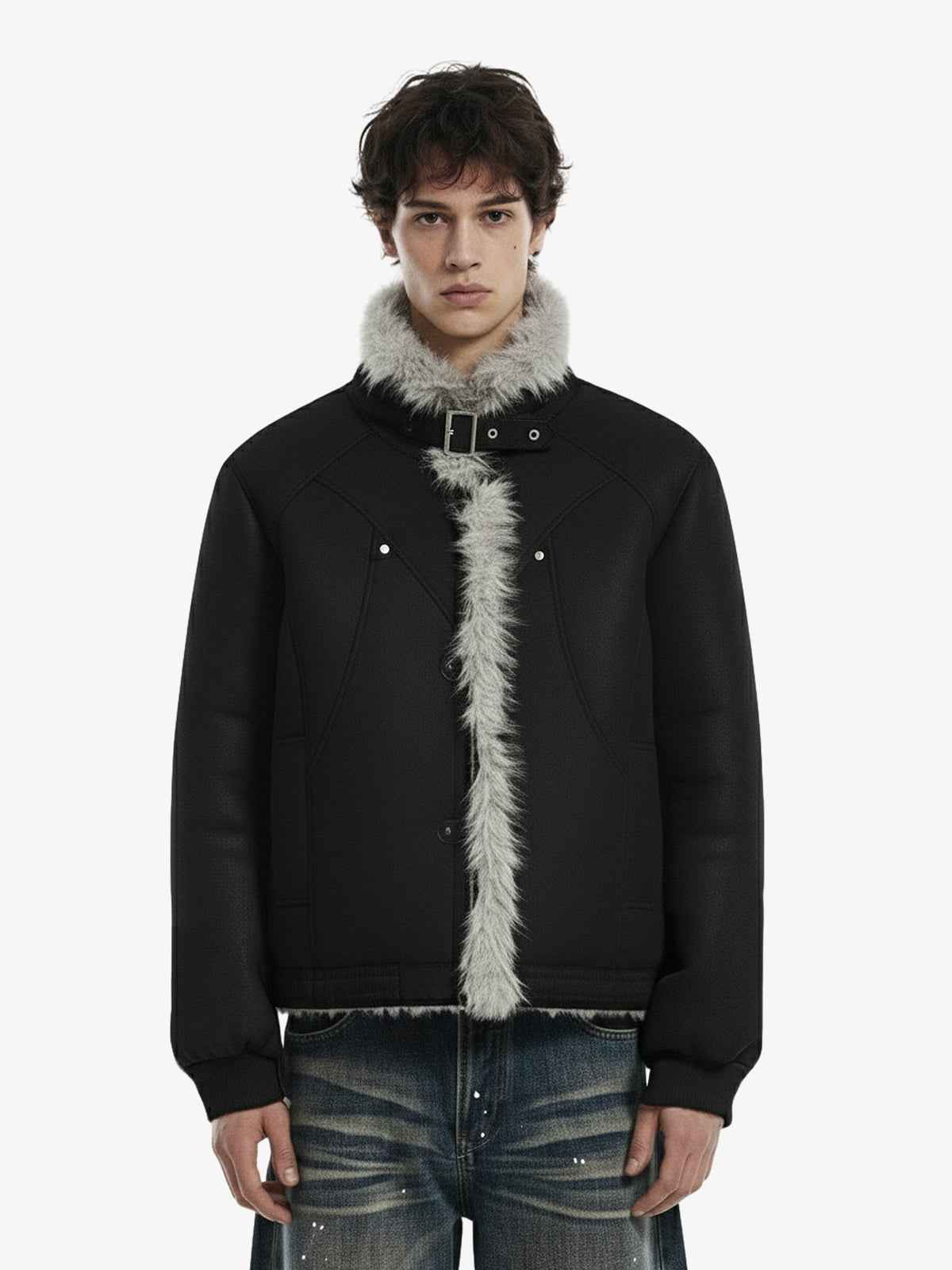 Vintage Faux Fur Trimmed Suede Padded Bomber Jacket