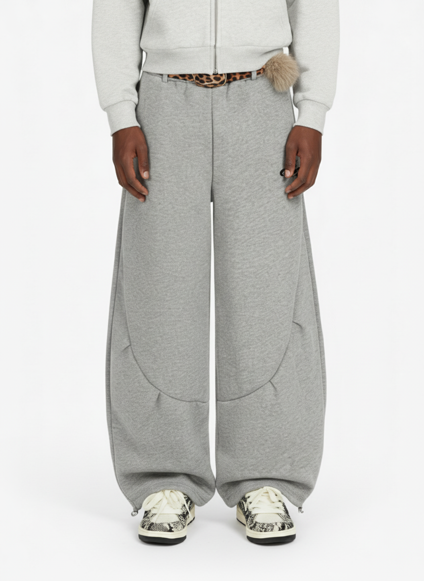 Leopard Belt Fur-Pom Detail Fleece Wide-Leg Pants - Luxuryurbanwear