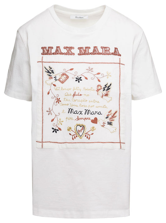 Max Mara Women White Crew Neck T-Shirt With Embroidered Design And Logo In Cotton Woman