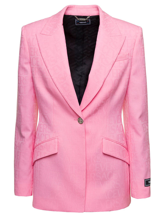 Versace Women Pink Single-Breasted Jacket With All-Over Tonal Logo Lettering Print In Wool Woman