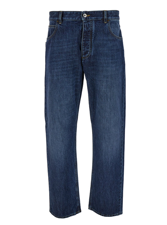 Bottega Veneta Men Blue Straight Jeans With Logo Patch In Denim Man