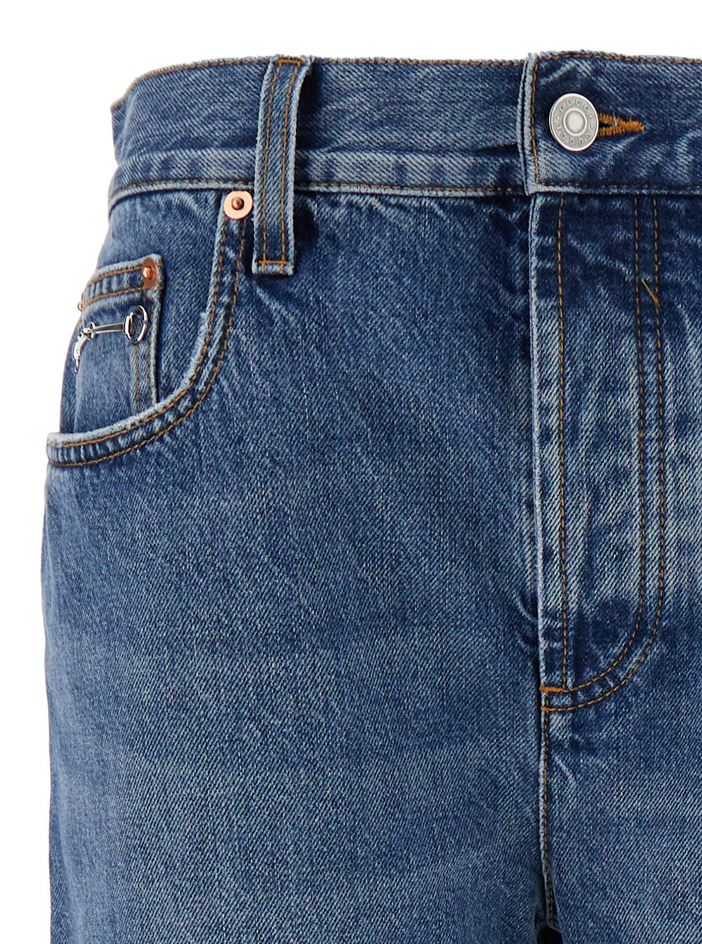 Gucci Women '90'S' Light Blue Jeans With Horsebit Detail And Turn-Up Hem In Cotton Denim Woman