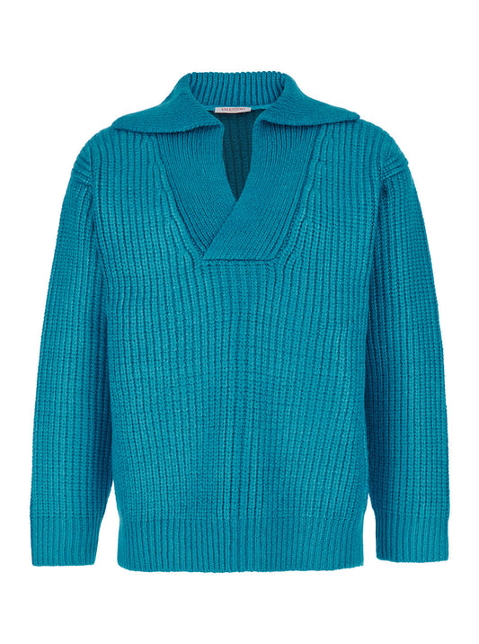 Valentino Men Light Blue Pullover With V Neck In Silk Blend Knit Man