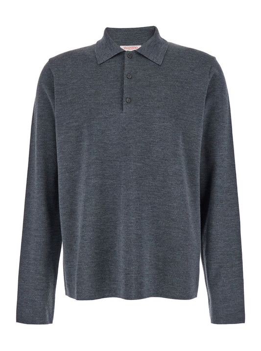 Valentino Men Grey Polo Shirt With Classic Collar And Long Sleeves In Wool Man