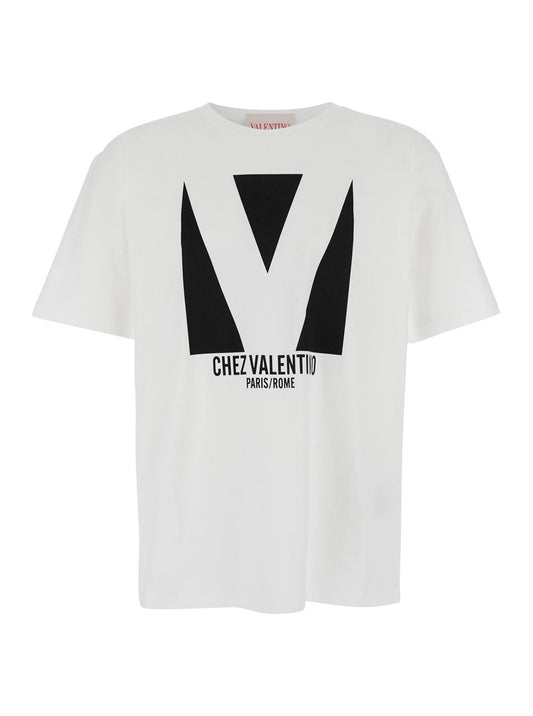 Valentino Men 'Chez' White Crewneck T-Shirt With Maxi Logo Print On The Front In Cotton Man