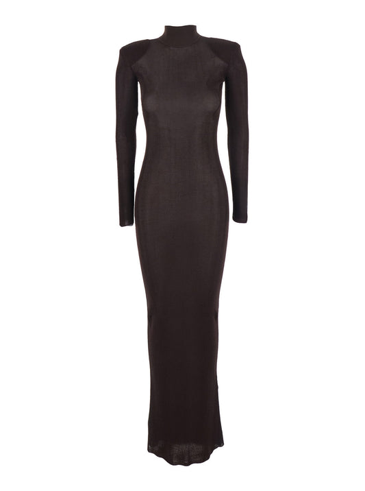 Self-Portrait Women Brown Turtleneck Long Dress With Shoulder Pads In Viscose Woman