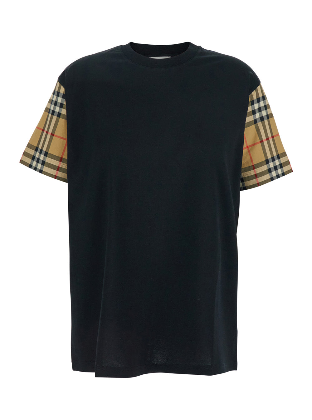 Burberry Women Black T-Shirt With Vintage Check Motif On The Sleeves In Cotton For Women