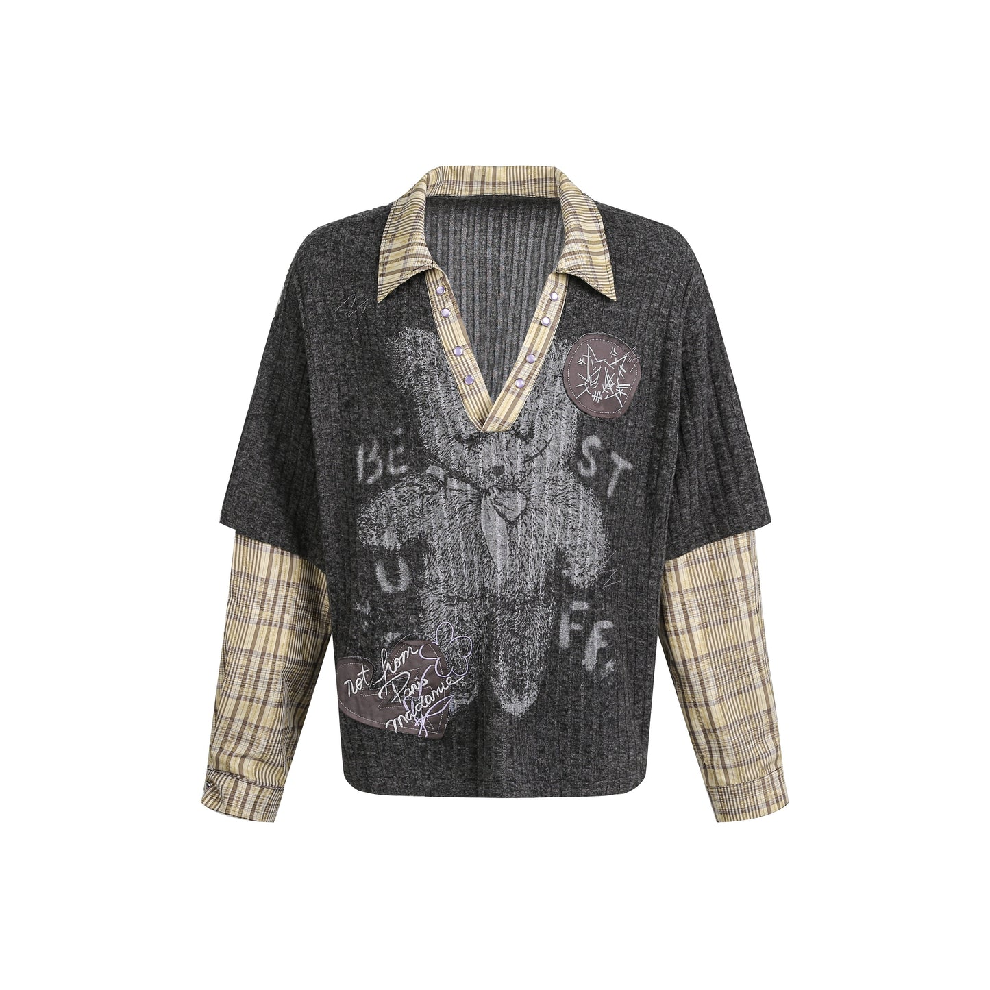 Vintage Plaid Teddy | V-Neck Sweatshirt - Luxuryurbanwear