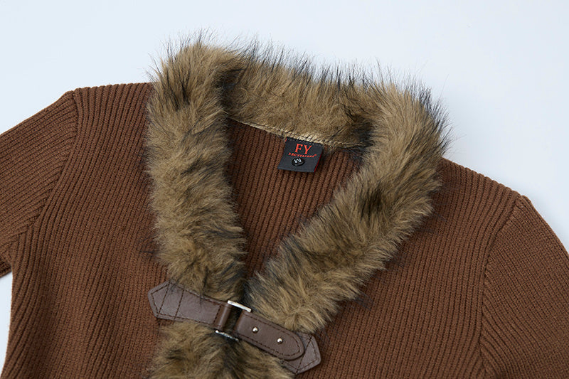 Buckled Fur | Knit Cardigan with Faux Trim - Luxuryurbanwear