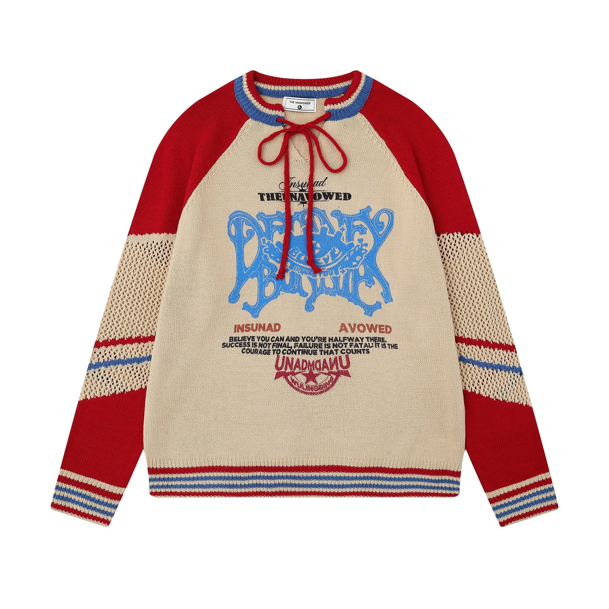 Graphic Script | Mesh-Sleeve Raglan Knit Pullover - Luxuryurbanwear