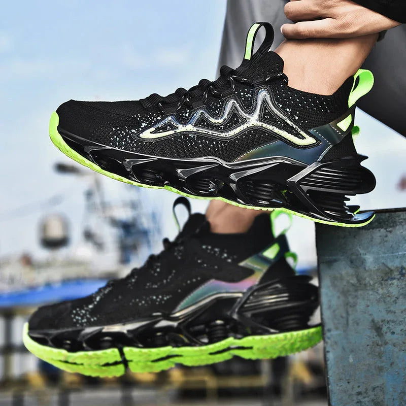 Side view of Nova Sole T84 Sneakers in black and neon green worn casually - LUXURYURBANWEAR streetwear sneakers.