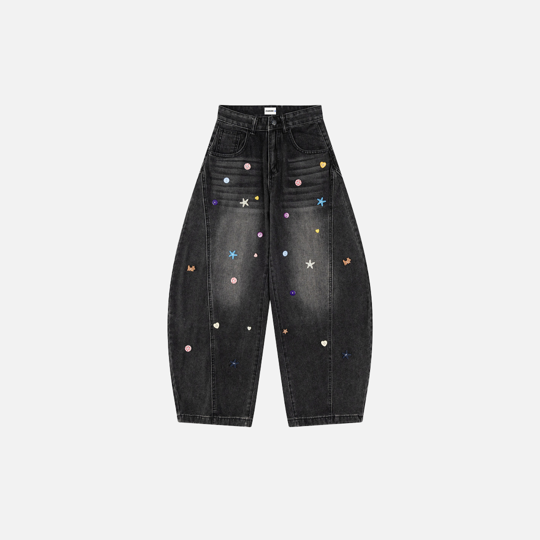 Stylish Star Embellished Curved Wide Leg Jeans - Luxuryurbanwear