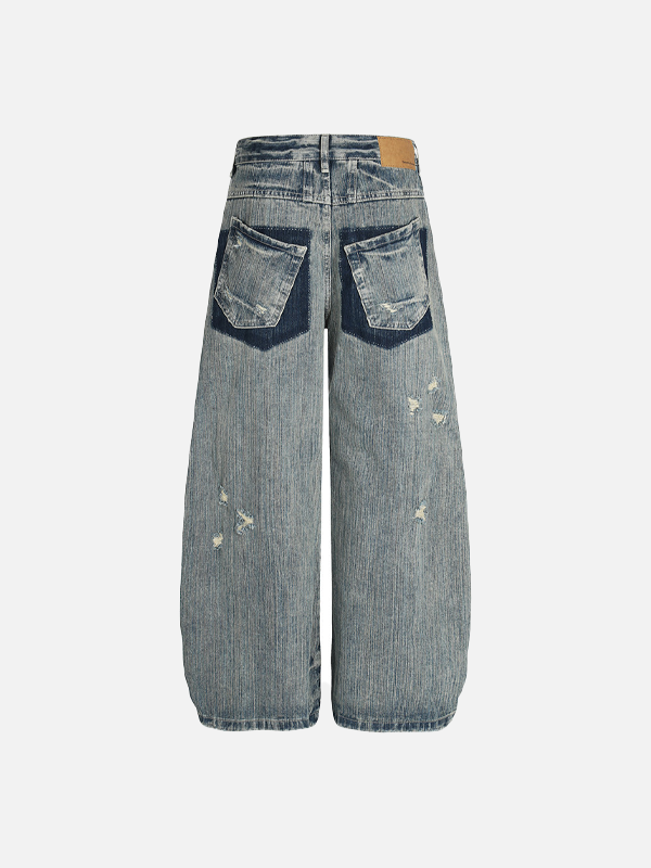 Streetwear Punk Distressed Washed Denim Wide Leg Jeans - Luxuryurbanwear