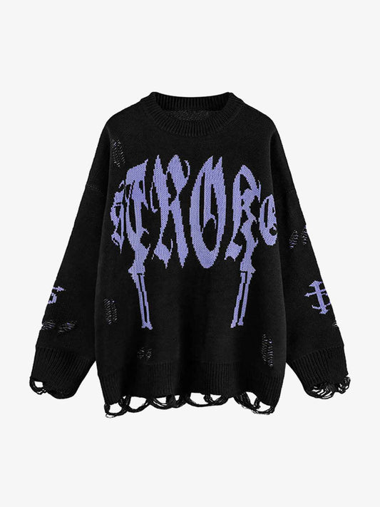 High Street Letter Jacquard Ripped Tassel Sweater