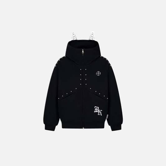 Y2K Rivet Patchwork Casual Loose Hooded Sweatshirt - Luxuryurbanwear
