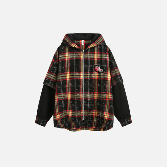 Plaid American Style Fake Two Piece Hooded Sweatshirt - Luxuryurbanwear