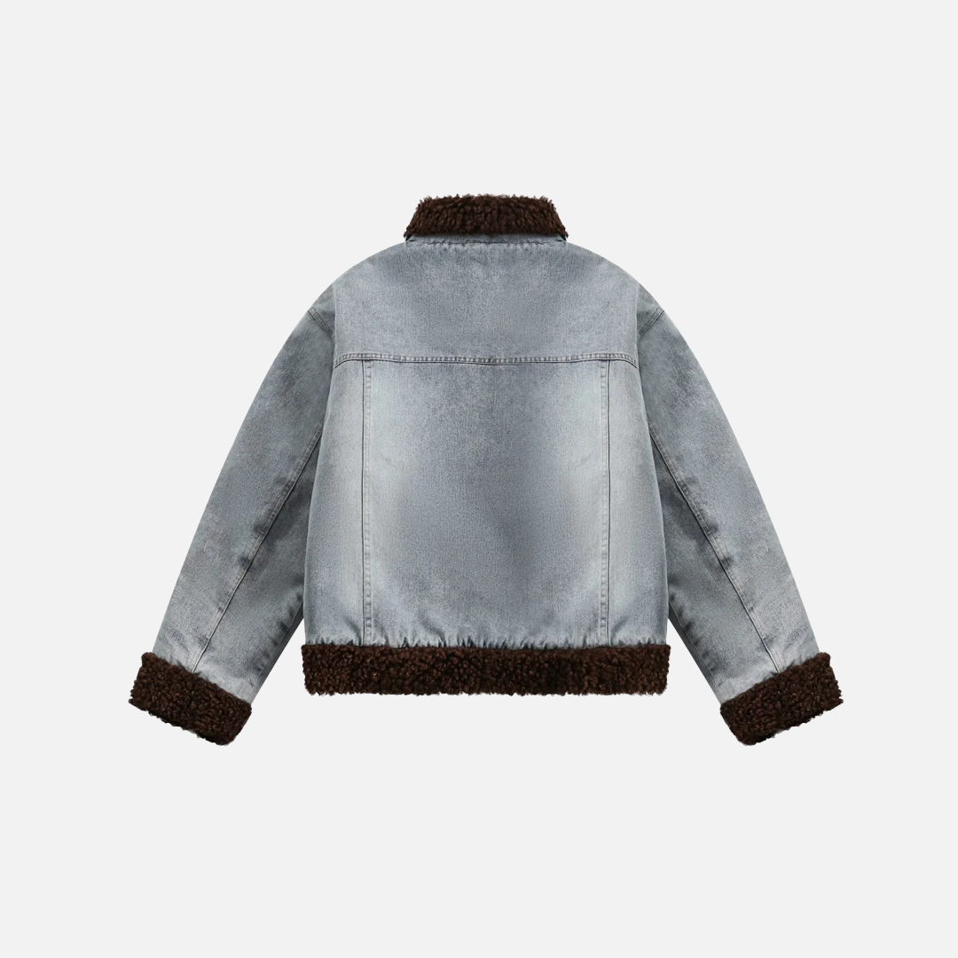 Sherpa Spliced Faux Fur Denim Jacket - Luxuryurbanwear