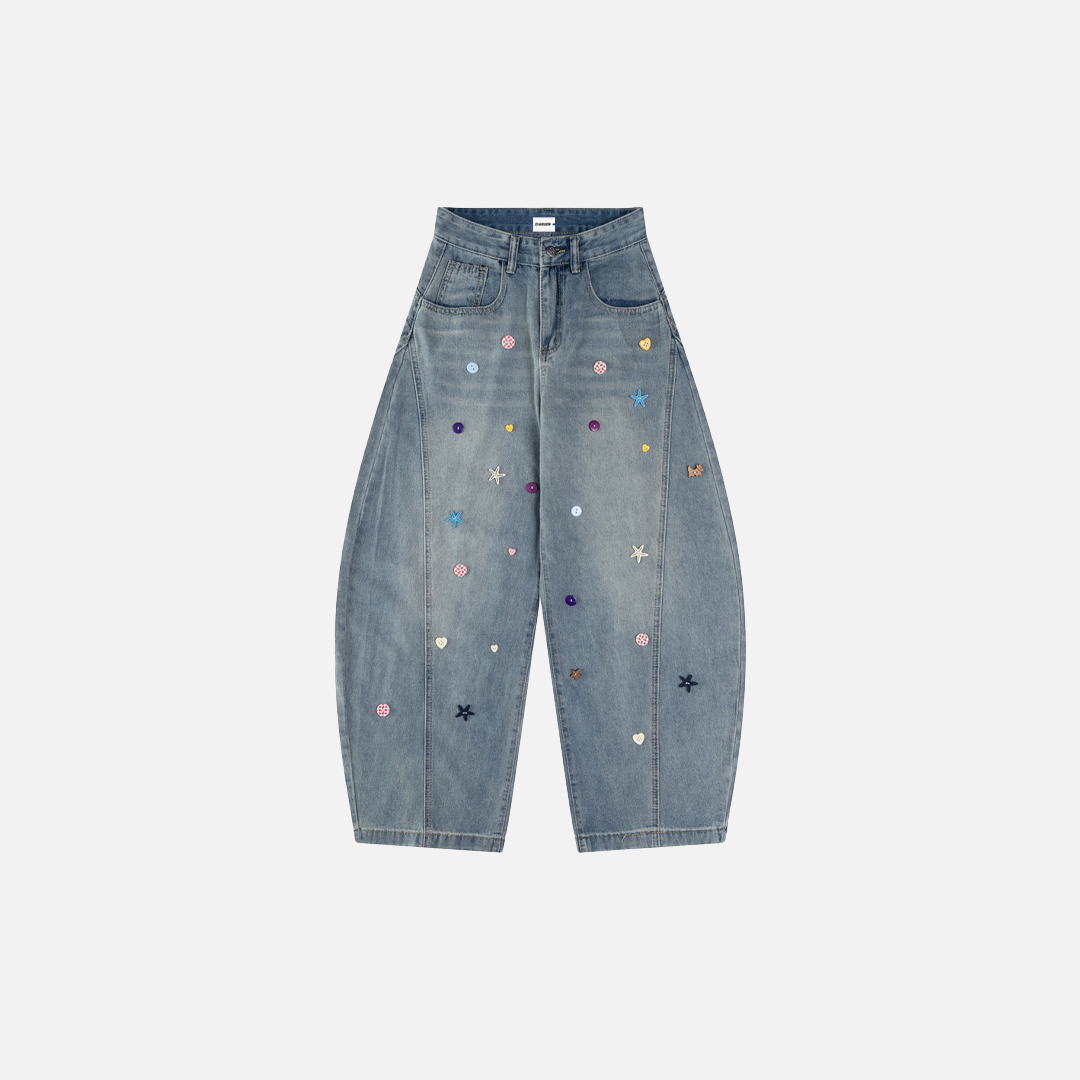 Stylish Star Embellished Curved Wide Leg Jeans - Luxuryurbanwear