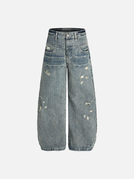 Streetwear Punk Distressed Washed Denim Wide Leg Jeans - Luxuryurbanwear