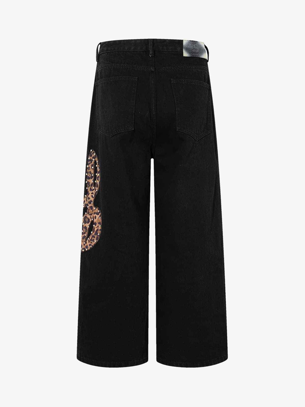 Retro Rhinestone Leopard Patch Music Note Straight Jeans