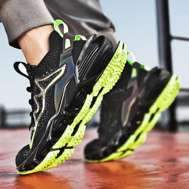 Bottom view of Nova Sole T84 Sneakers in black and neon green showing grip sole - LUXURYURBANWEAR performance footwear.