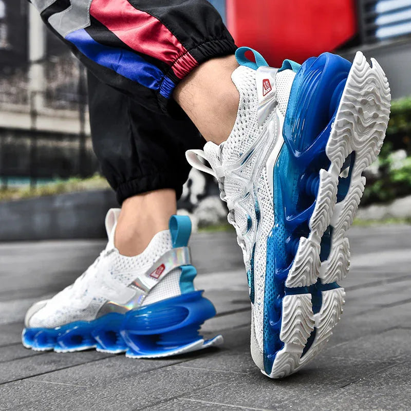 Back view of white and blue Nova Sole T84 Sneakers - LUXURYURBANWEAR, showcasing textured sole and breathable knit upper.