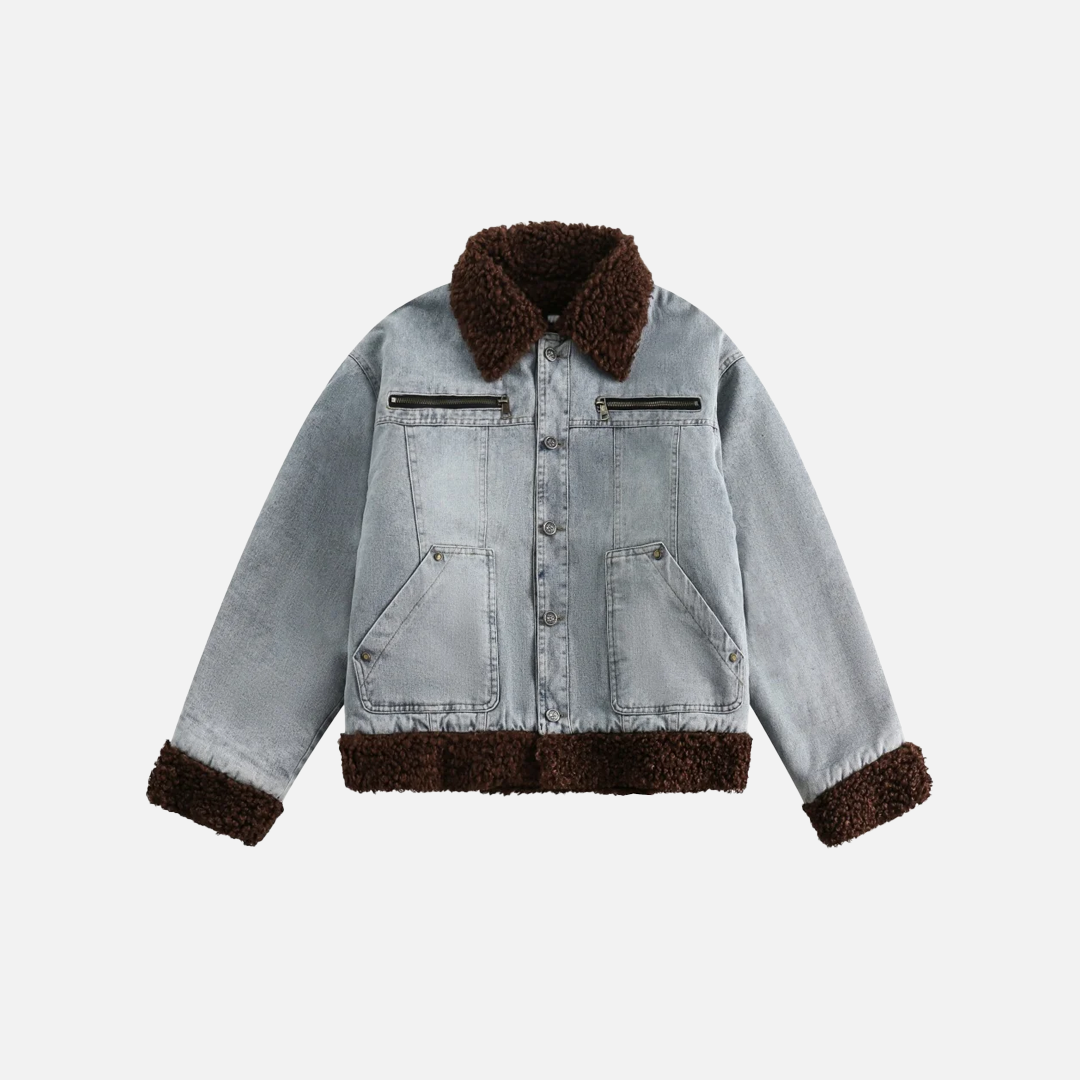 Sherpa Spliced Faux Fur Denim Jacket - Luxuryurbanwear