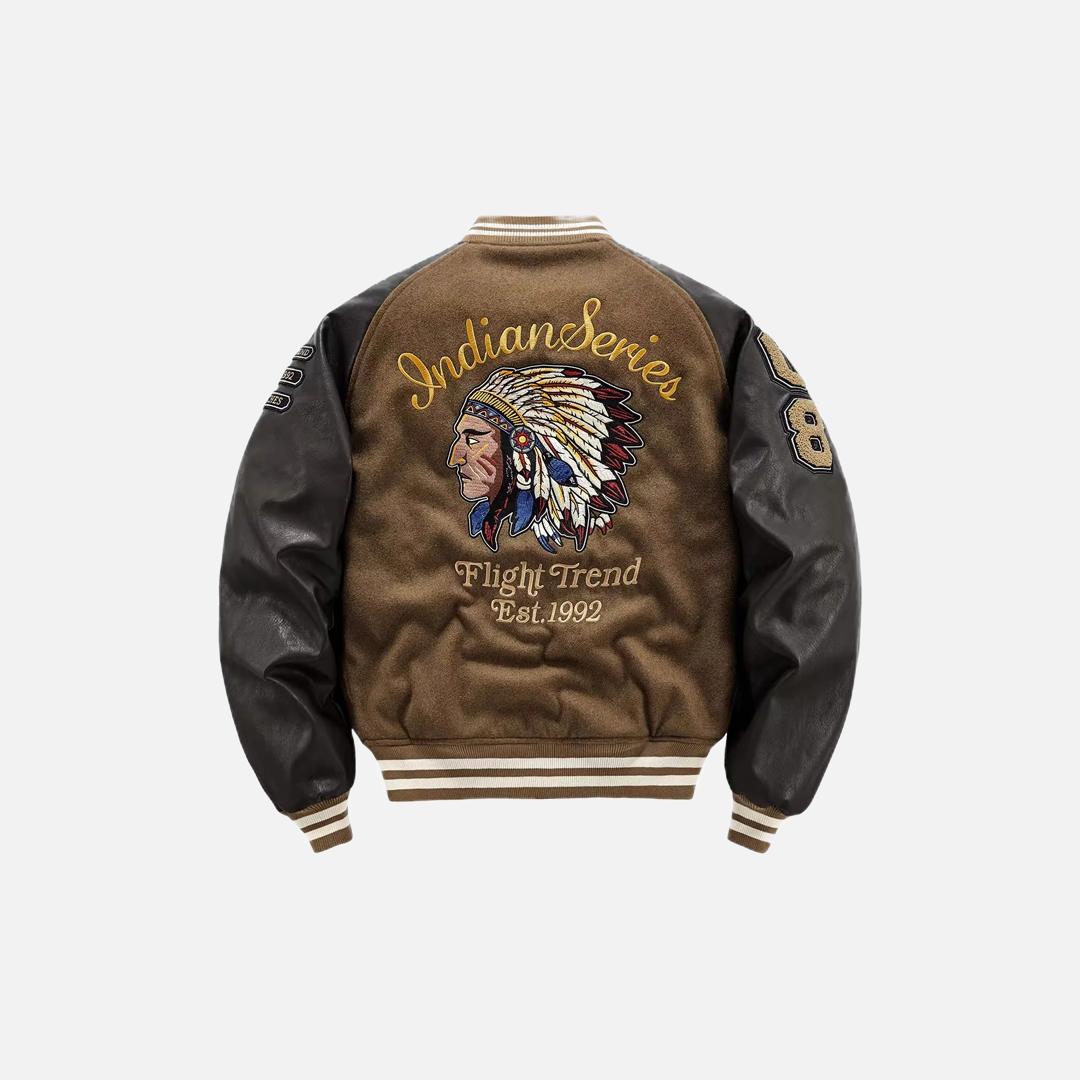 Warm Woolen Collar Leather Patchwork Varcity Jacket - Luxuryurbanwear